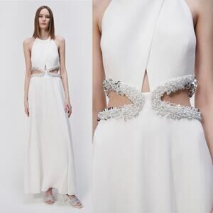 NWT JONATHAN SIMKHAI White Sandi Embellished Cut-Out Halter Dress